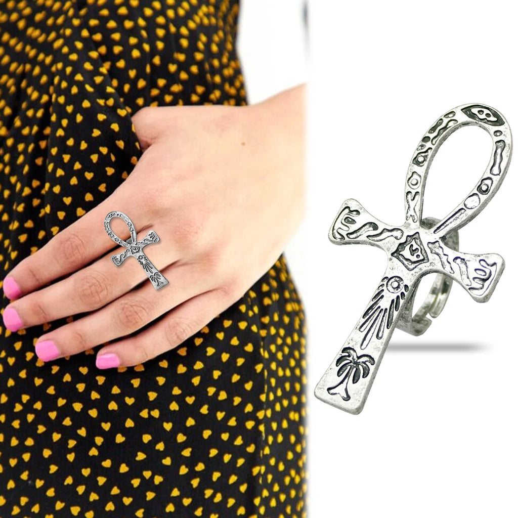 Vintage Carved Egyptian Scriptures Big Ankh Cross Finger Ring For Women Men Gothic Open Crosses Amulet Band Jewelry