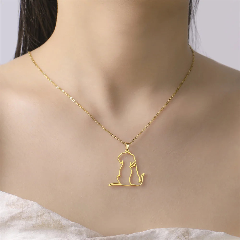 My Shape Hugging Puppy Kitten Necklace for Women Stainless Steel Pendant Chain Animal Cat Dog Jewelry Pets Lovers Gifts
