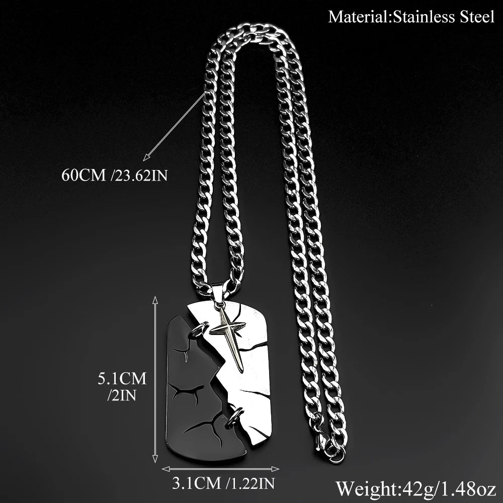 Hip Hop Two-tone Split Cracked Dog Tag Movable Starburst Cross Pendant Necklace for Men Stainless Steel Amulet Chain Jewery