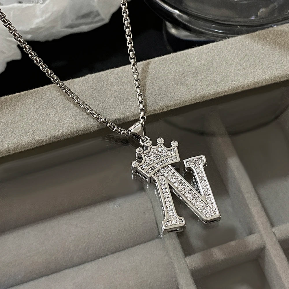 Freetry 26 Letters A-Z Zircon Crown Pendant Necklace for Women Men Punk Initial Alphabet Necklaces Hip Hop Choker Chain