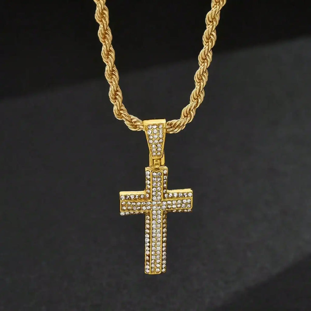 1PC Gold Plated Cross Pendant Necklace Men Zircon Paved Rope Chain Hip-hop Streetwear Daily Party Jewelry Accessory