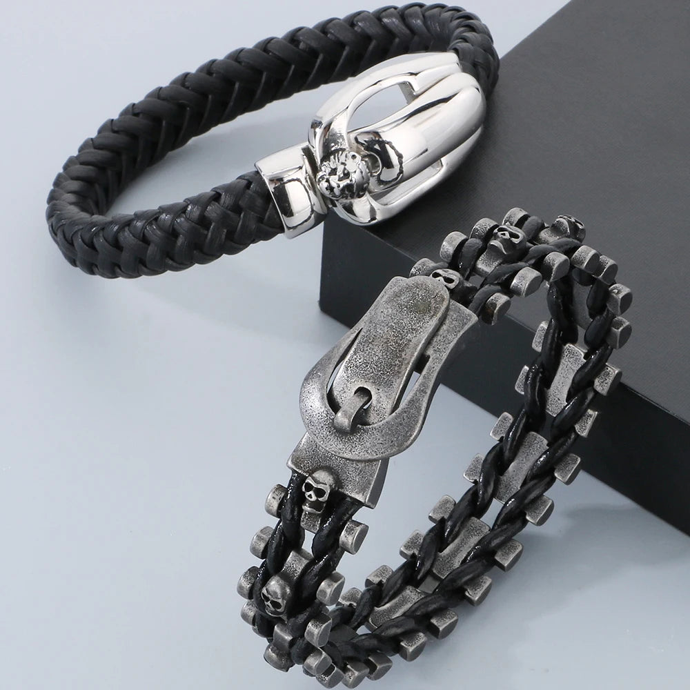 Biker Men‘s Bracelet Punk Braided Leather With Skull Lion Head Buckle Rope Cool Hip Hop Stainless Steel Jewelry Gift