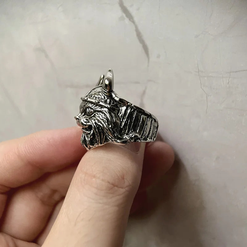 Viking Cat Open Adjustable Ring for Men — Silver-Tone