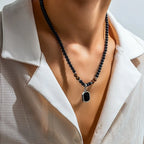 Black Beads with Square Pendant Necklace for Men Trendy Accessories on The Neck Collar 2025 Fashion Jewelry Male