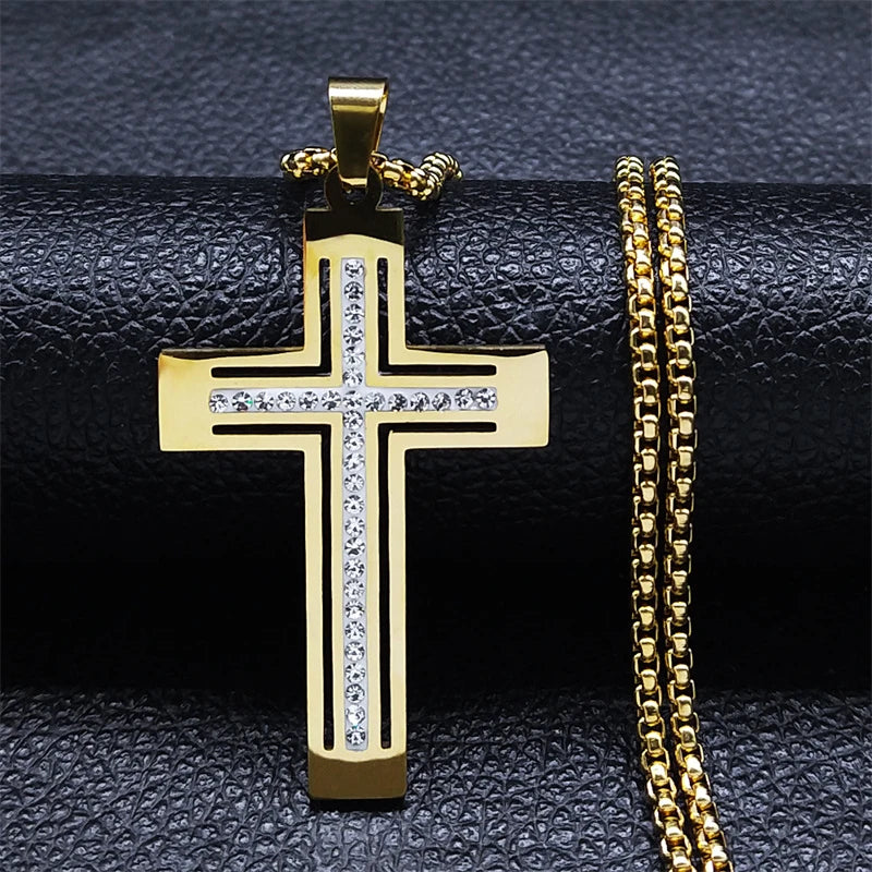 Catholic Open Cross Rhinestone Pendant Necklace — Stainless Steel