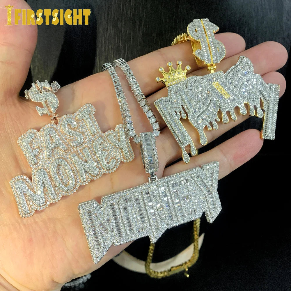 New Iced Out Bling Crown Letters Money Pendant Necklace Two Tone Color CZ Zircon Dollar Symbol Necklaces Men's Hip Hop Jewelry