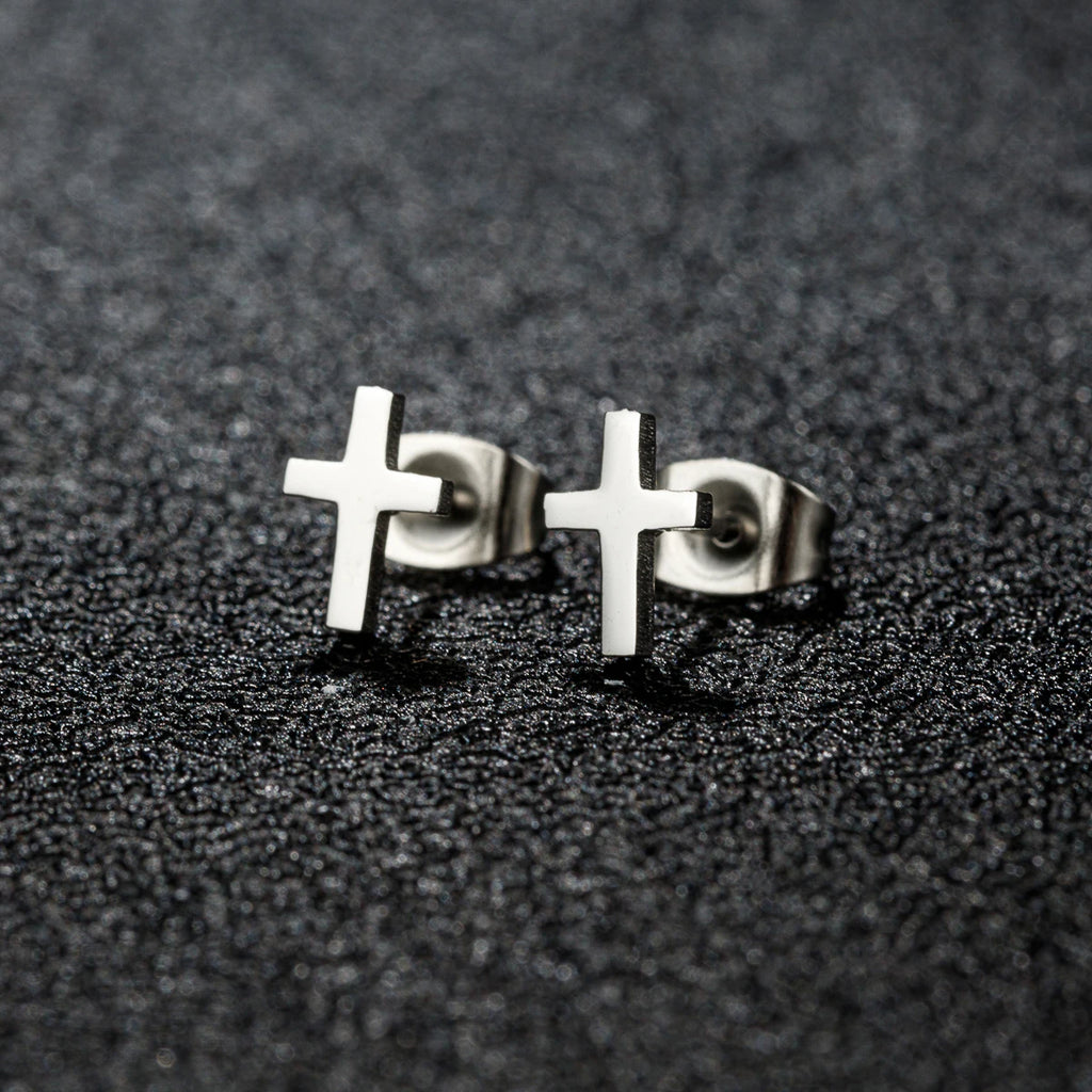 Small Gold Cross Stud Earrings Christian Amulet — Stainless Steel