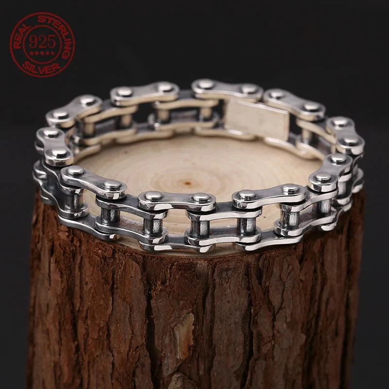 100% S925 Sterling Silver Bracelet 10MM Bicycle Punk S925 Silver Jewelry Never Fade Carry certificate Men Women Jewelry Gifts