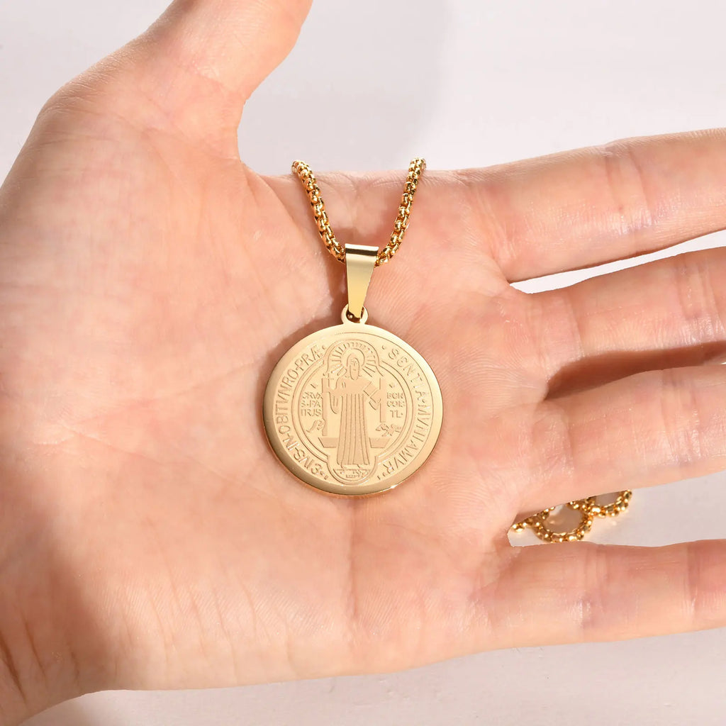 Vnox Men Saint Benedict Medal Necklace, Gold Color Stainless Steel Christian Sacramental Catholic Jewelry Gift,with Box