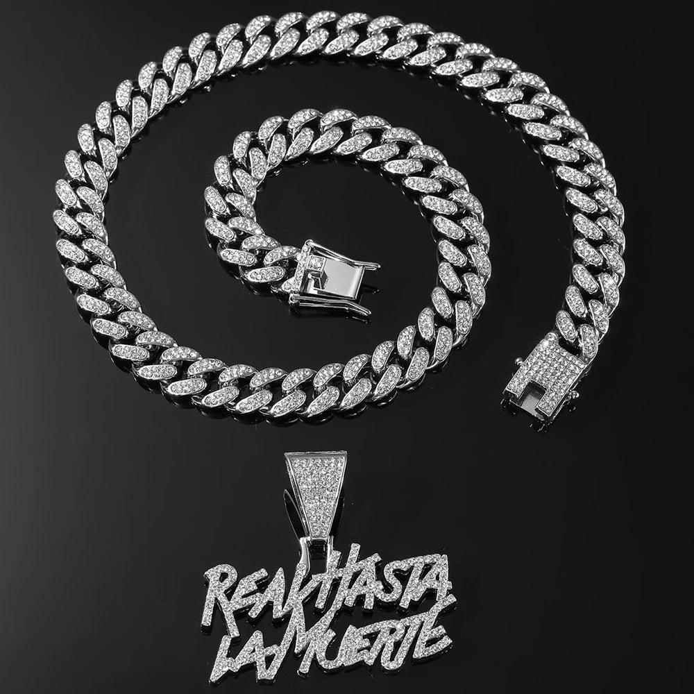 Men Hip Hop Double Row Spliced Letters Pendant Necklace with 13mm Cuban Chain Hiphop Iced out Necklace Fashion Punk