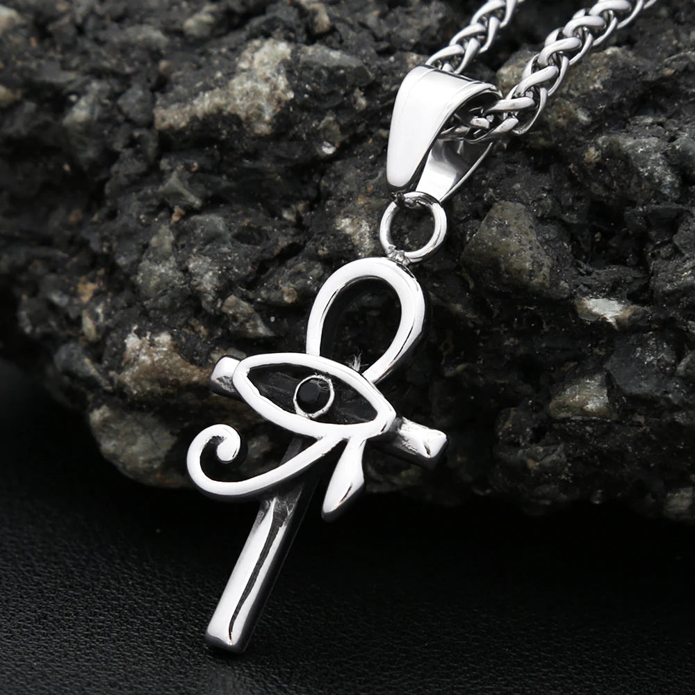 Vintage Stainless Steel Eye of Horus Pendant Necklace Fashion Punk Ankh Cross Necklaces For Men Women Amulet Jewelry