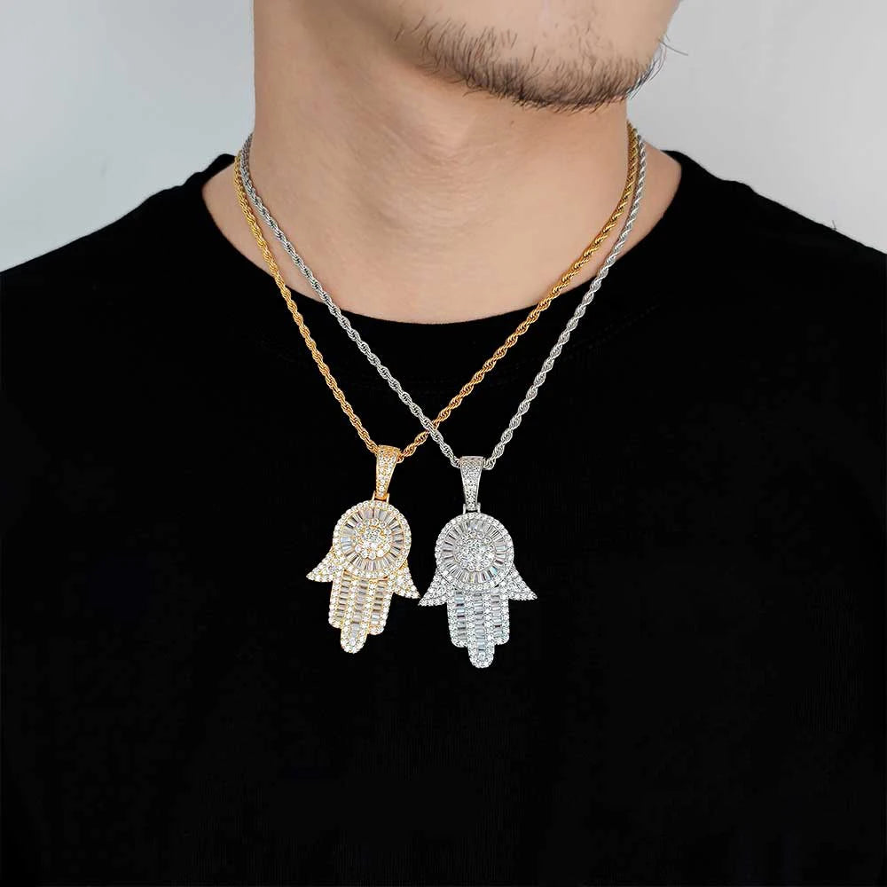 Iced Out Hamsa Pendant Necklace Stainless Steel