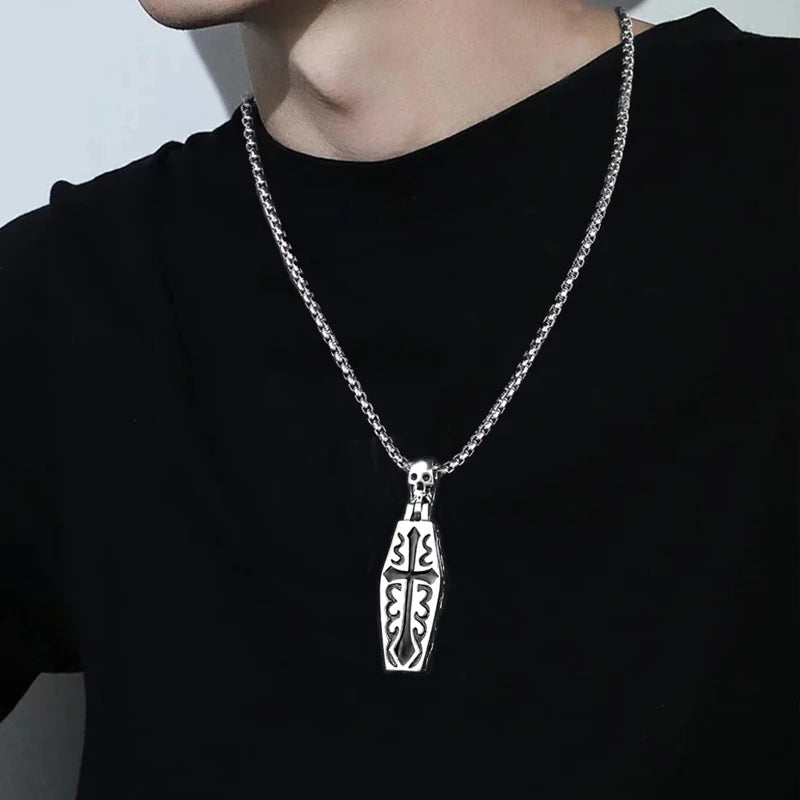 Silver Skull Coffin Pendant Necklace Box Chain