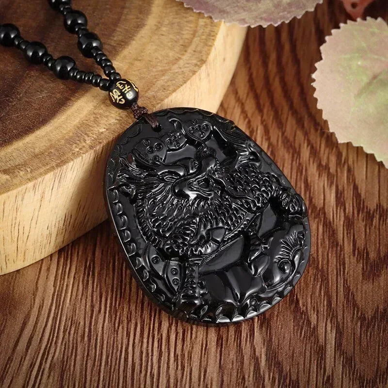 Obsidian Gossip Pendant Necklace Carving Dragon and Phoenix Shape Lucky Amulet Jewelry Six-Character Mantra Pearl