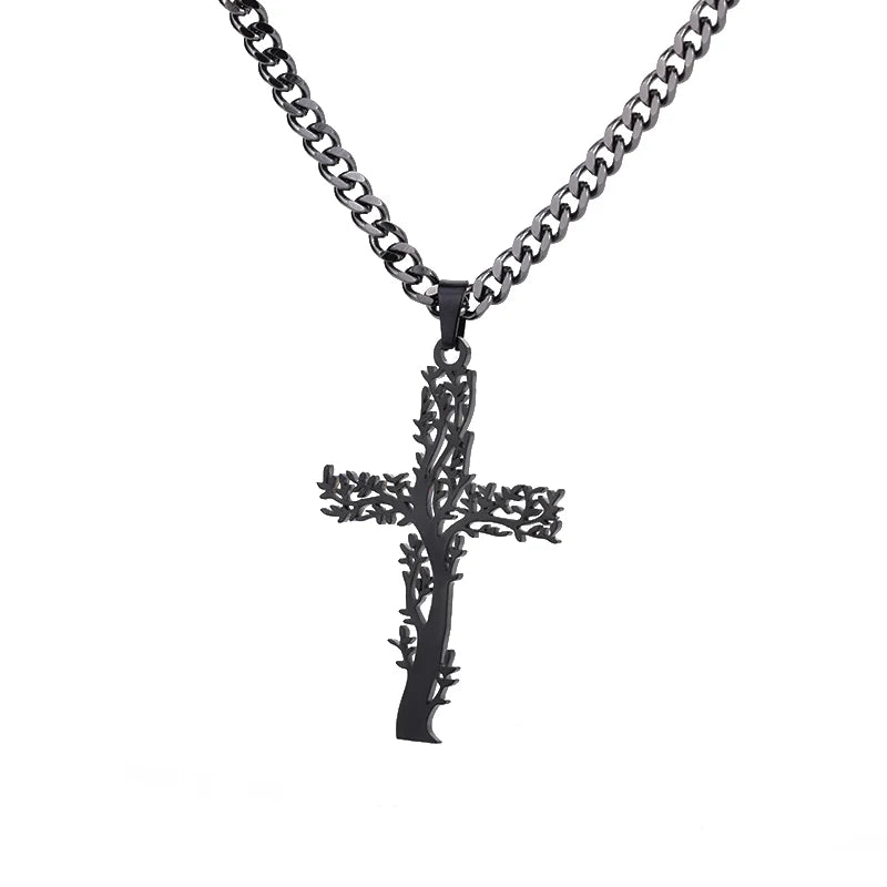 Stainless Steel Tree of Life Cross Necklaces for Women Gold Color Chain Necklace Aesthetic Collar Jewelry Accessories Gift