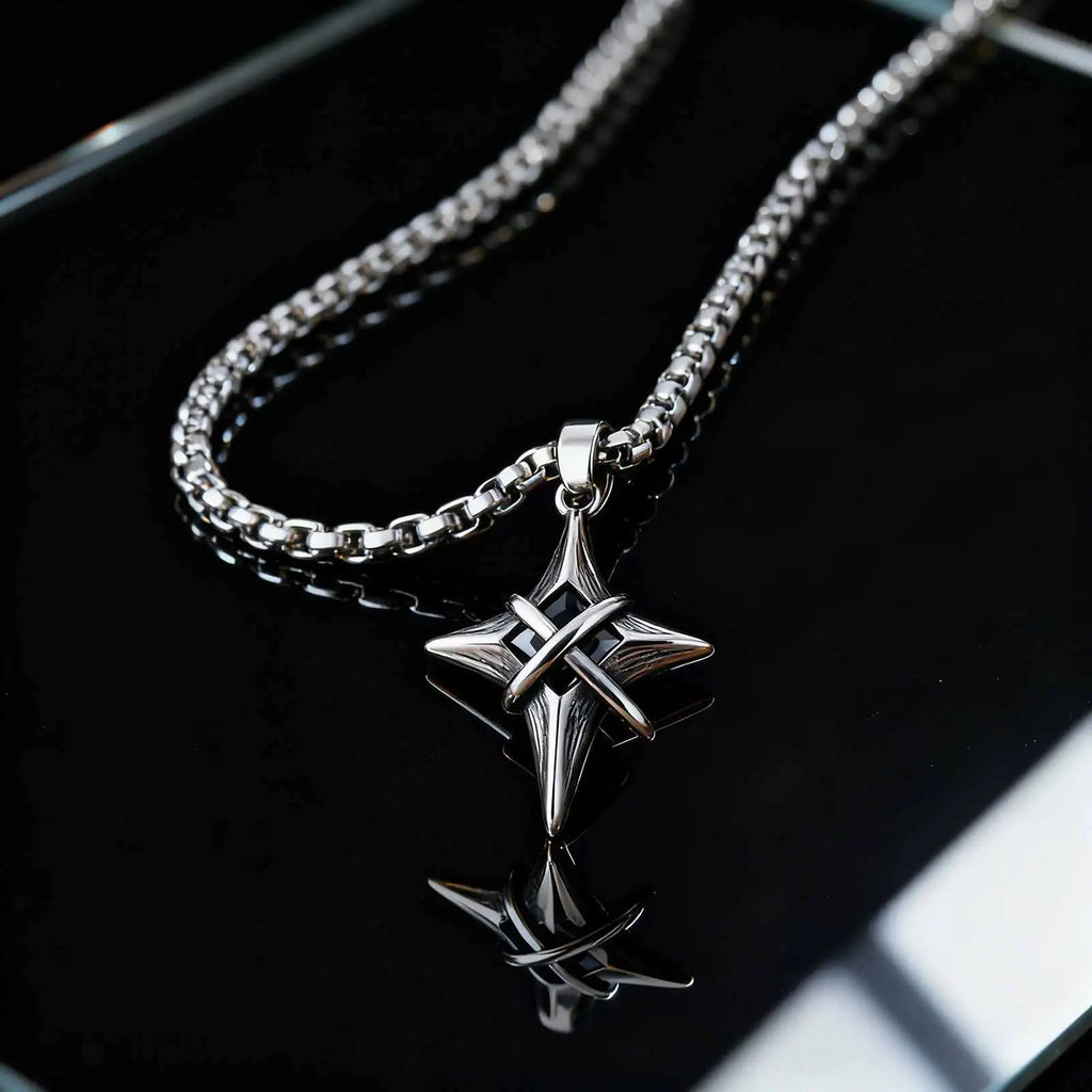Minimalist Fashion Black Zircon Star Cross Pendant Stainless Steel Necklace for Men, Punk Hip Hop Jewelry Gifts