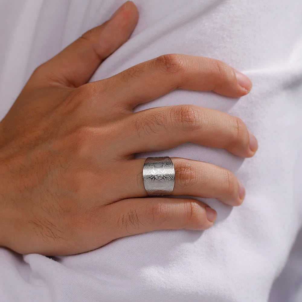 Triple Moon Pentagram Tree of Life Ring — Stainless Steel