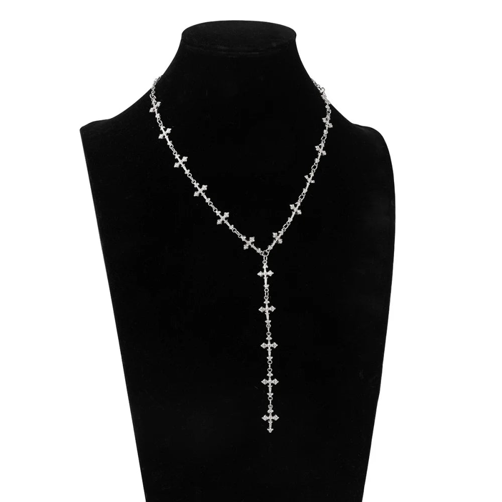 Silver Color Y Shaped Cross Tassel Necklace for Men Women Fashion Hip Hop Punk Style Long Clavicle Chain Party Jewelry Gifts