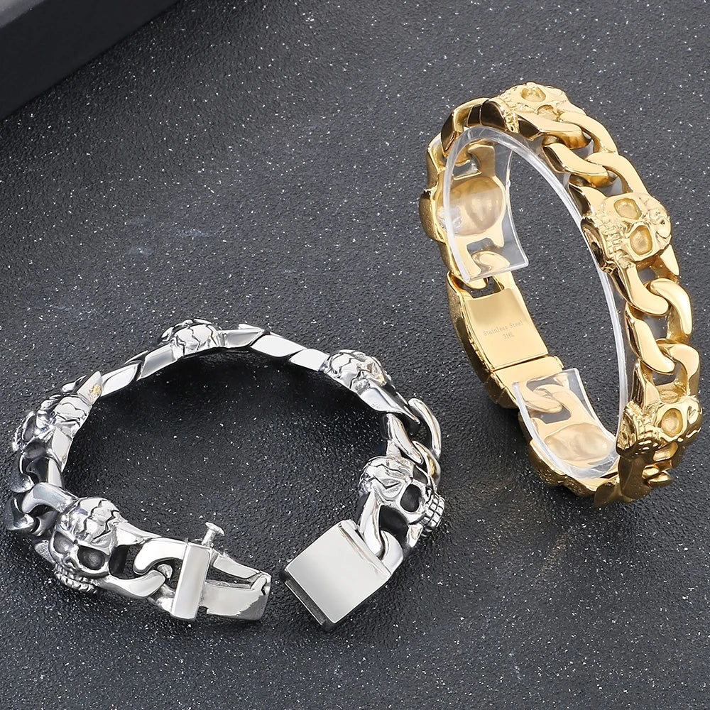 Punk Gothic Men's Bracelets With Skull Head Cuban Link Chain Man Bracelet for Men Stainless Steel Skeleton Jewelry