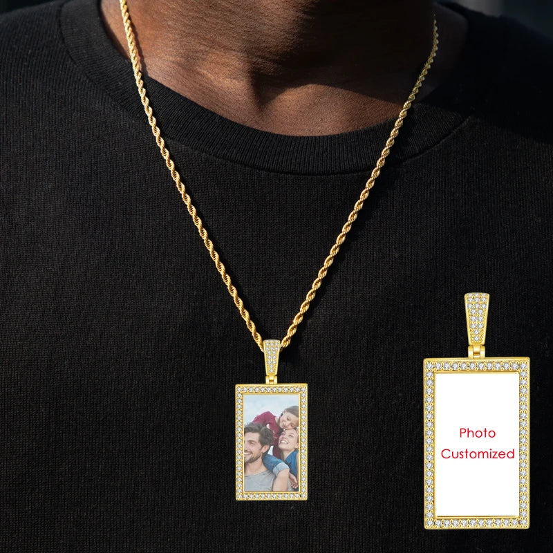 Iced Out Rectangle Photo Pendant Necklace