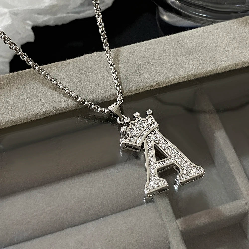 Freetry 26 Letters A-Z Zircon Crown Pendant Necklace for Women Men Punk Initial Alphabet Necklaces Hip Hop Choker Chain