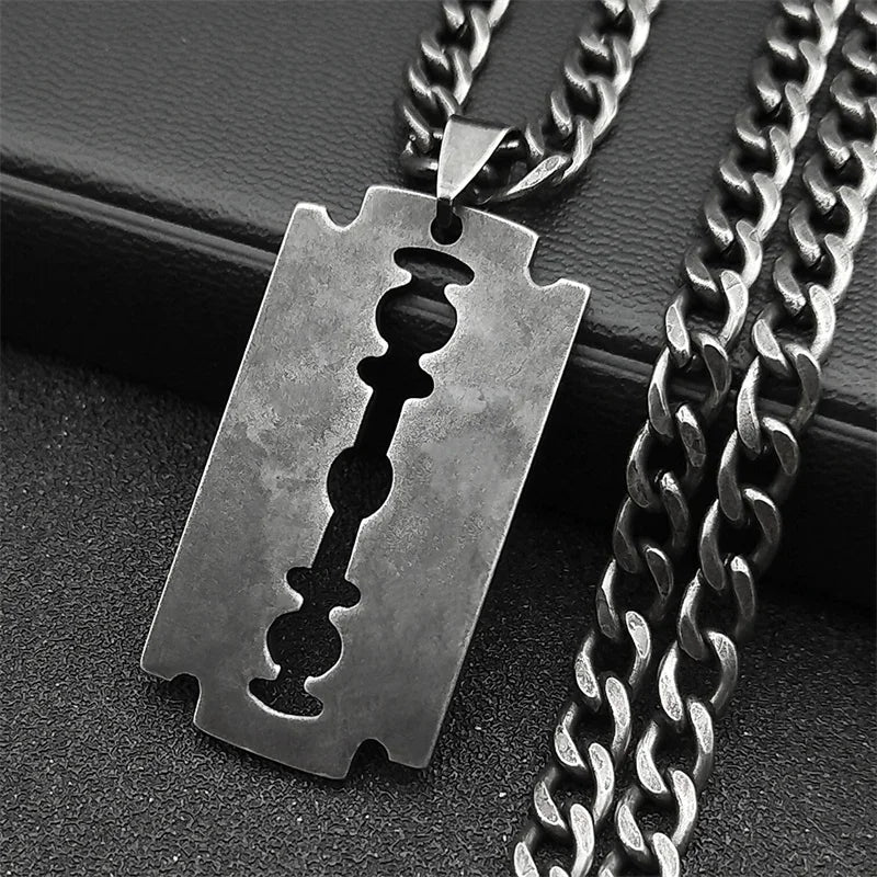 Razor Blade Long Necklace — Black Stainless