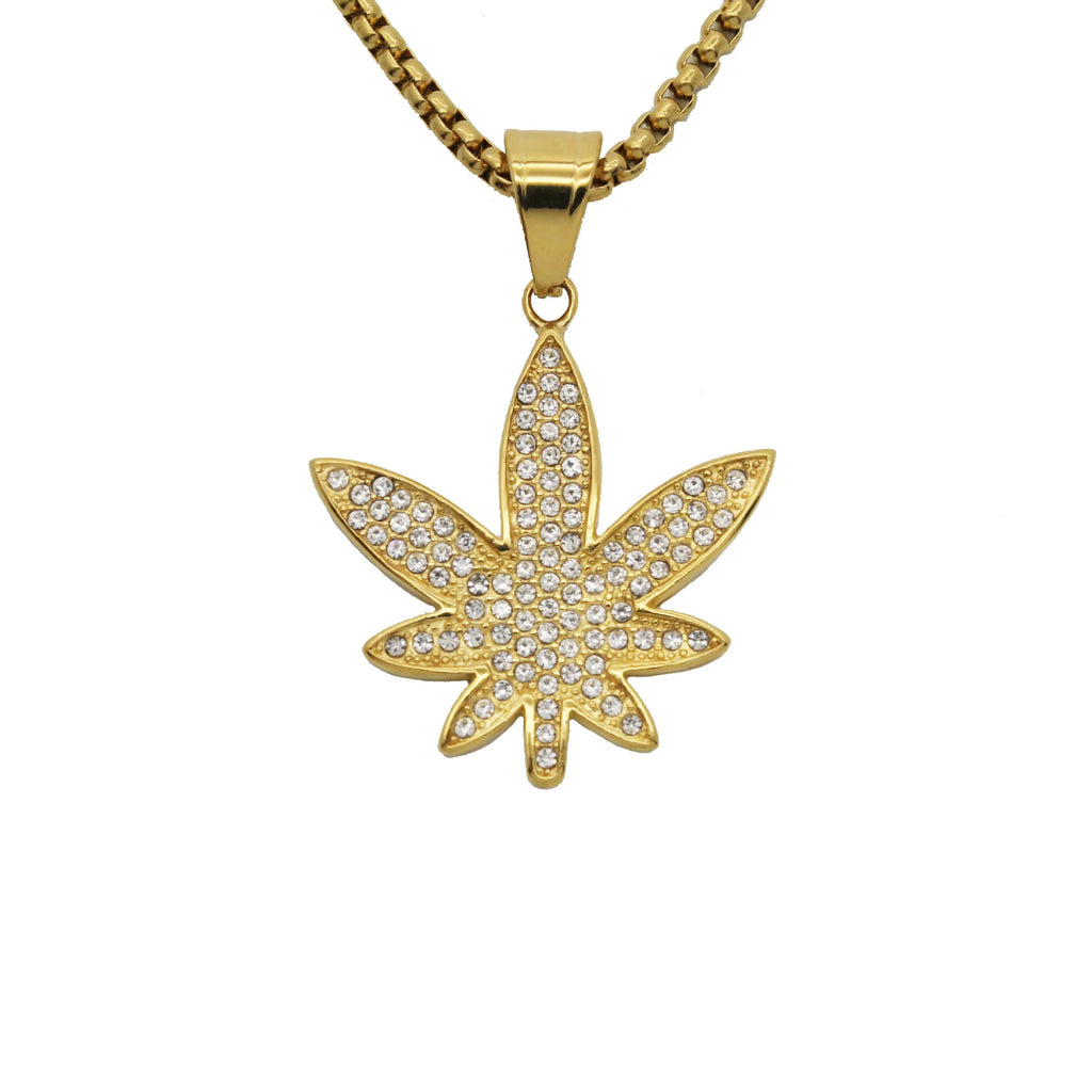 Gold color Pendant Necklace Men women Maple Leaf with rhinestone for Boys Male Steampunk Jewelry