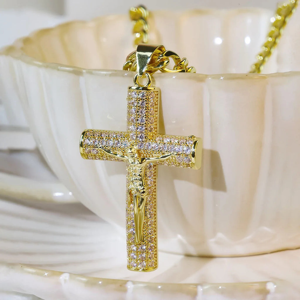 Gold-Plated Cross Necklace for Men Advanced Nanotech Tarnish-Free Cuban Figaro Rope Miami Chains with Jesus Crucifix