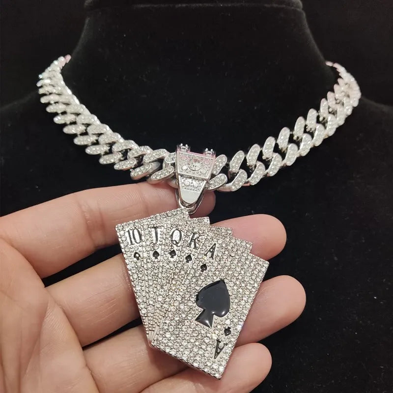 Men Women Hip Hop playing card Pendant Necklace With Crystal Cuban Chain HipHop Iced Out Bling Necklaces Fashion Charm