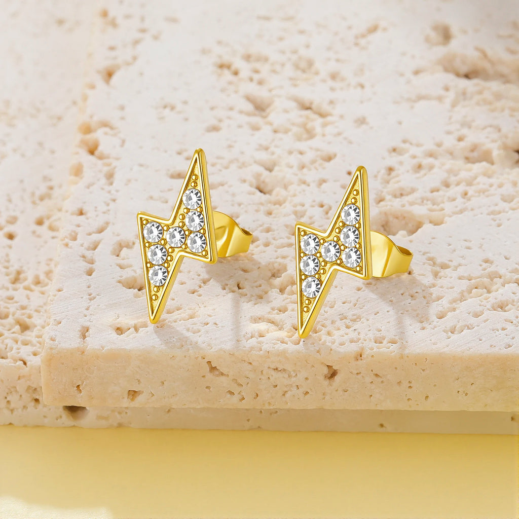 Cazador Lightning Stud Earrings for Men Stainless Steel Clear Zircon Waterproof Women's Earrings Trendy Couple Gifts Jewelry