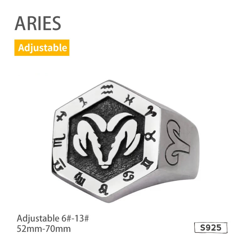 925 Sterling Silver Zodiac Sign Ring for Men Adjustable Aries Minimalist Personalized Gift for Boyfriend
