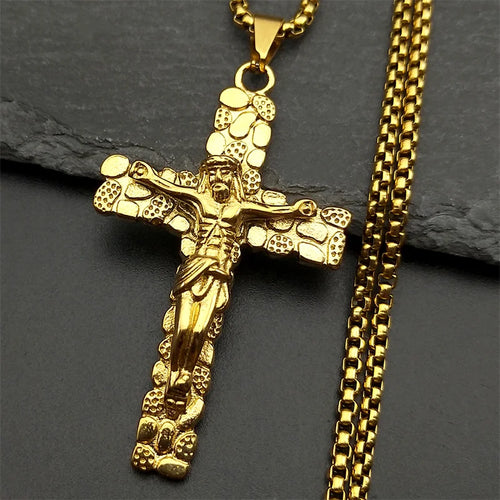Cross Jesus Crucifix Pendant Gold — Stainless Steel
