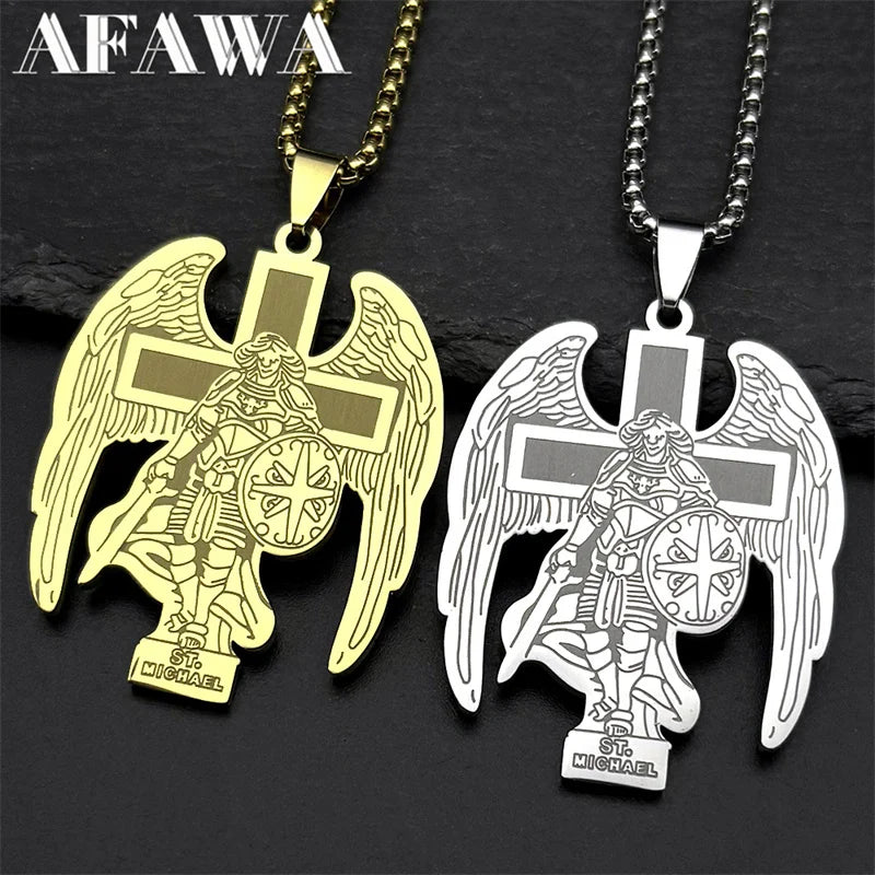 Archangel St.Michael Protect Us Cross Pendant Necklace for Women Men Stainless Steel Gold Color Saint Michael Chain Jewelry