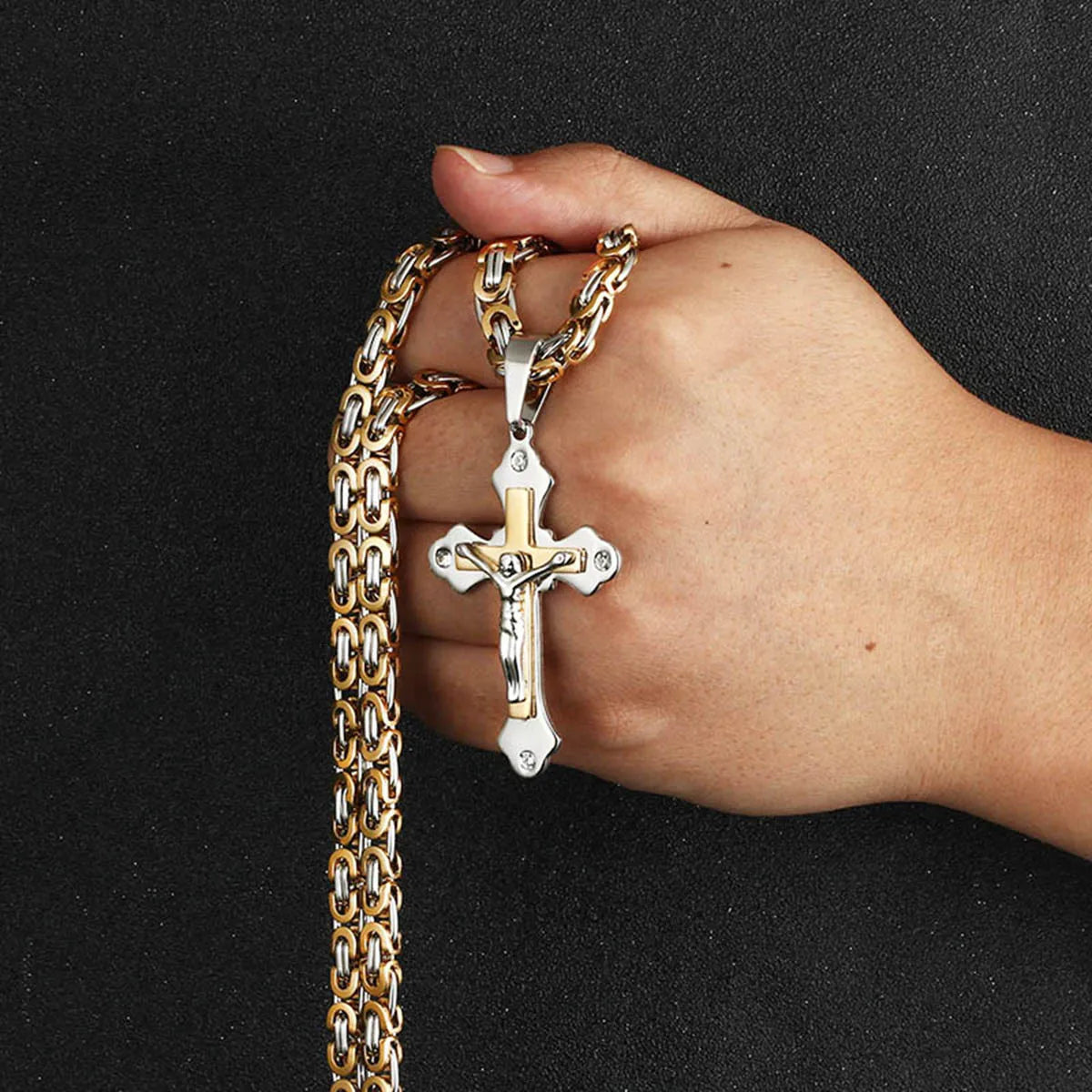 Crystal Crucifix Jesus Byzantine Chain Necklace — Stainless Steel