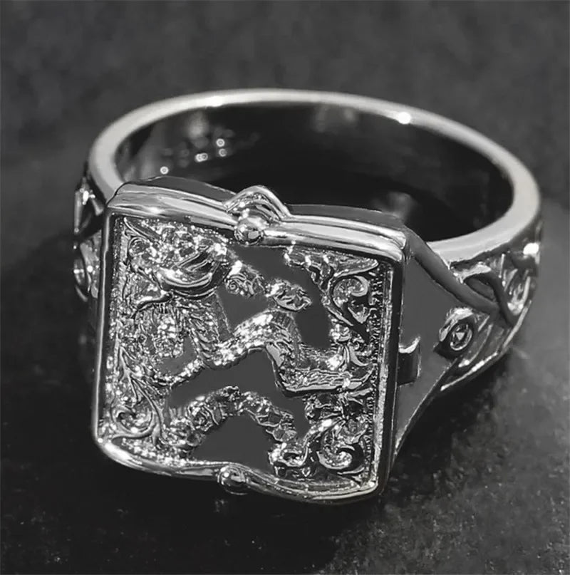 Dragon, Lion & Skull Flip-Top Signet Ring — Two-Tone