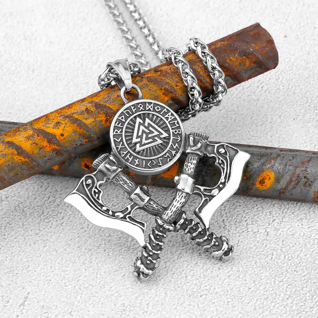 Men Vikings Ax Necklace for Man Never Fade Norse Rune Axe Thor Hammer Mjolnir Slavic Amulet Self-defense Pendant Male