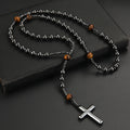 Black Hematite Round Beads Yellow Tiger-eye Stone Cross Pendant Necklace for Men and Women