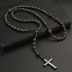 Black Hematite Round Beads Yellow Tiger-eye Stone Cross Pendant Necklace for Men and Women
