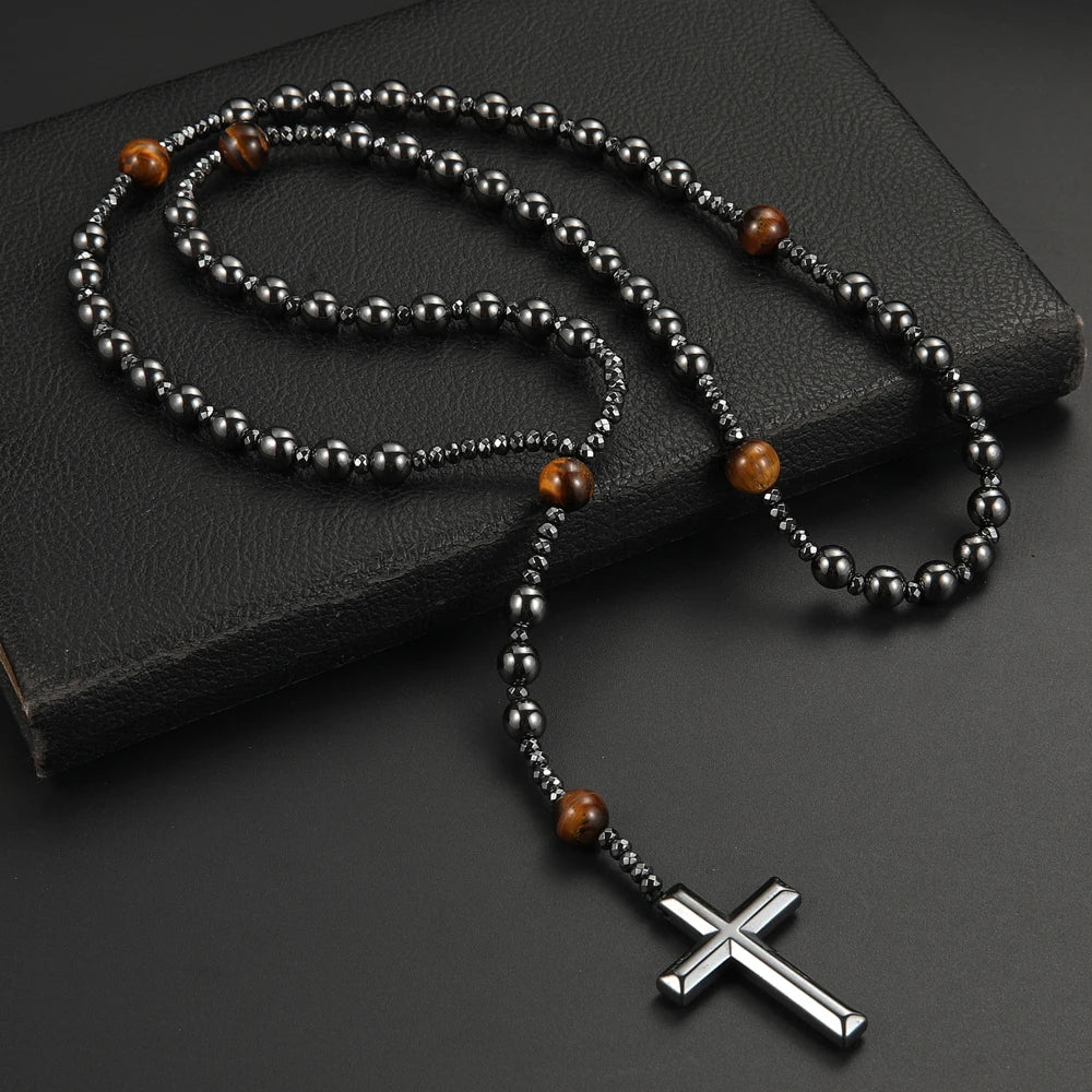 Black Hematite Round Beads Yellow Tiger-eye Stone Cross Pendant Necklace for Men and Women
