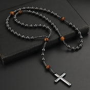 Black Hematite Round Beads Yellow Tiger-eye Stone Cross Pendant Necklace for Men and Women