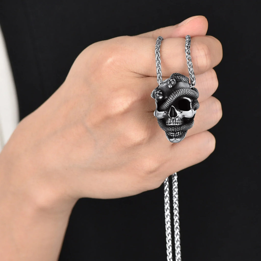 Snake Skull Pendant Necklace — Black Stainless 22"