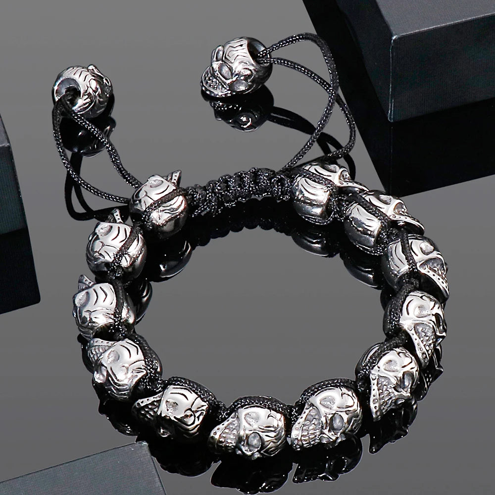 Handmade Braided Man Bracelet Skull Beads On Hand Bands Bracelets for Men Punk Gothic Stainless Steel Men's Jewelry