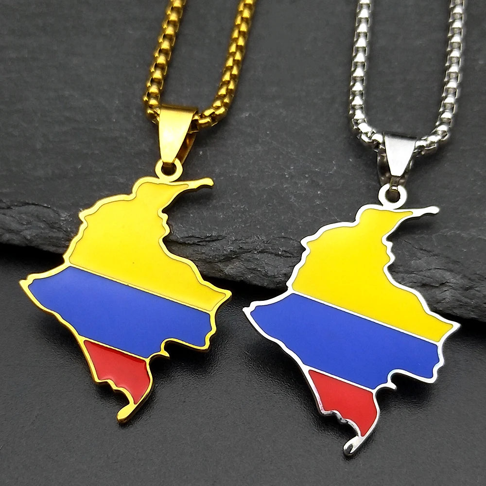Colombia Map Flag Pendant Necklace For Women Men Stainless Steel Gold Color South America Country Nation Art Male Jewelry Gifts