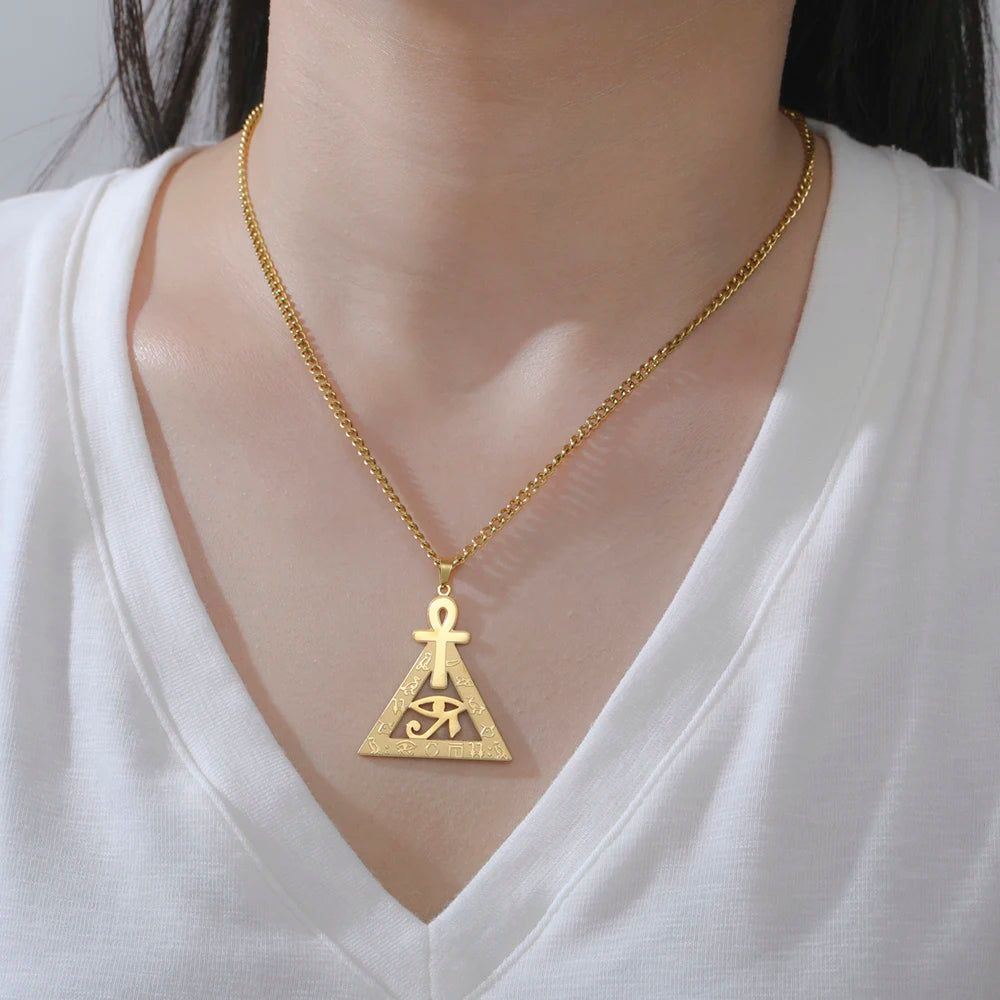 Ankh Cross Eye of Ra Necklace Egyptian Hieroglyphs Pyramid Pendant for Men Women Stainless Steel Spiritual Protection Jewelry