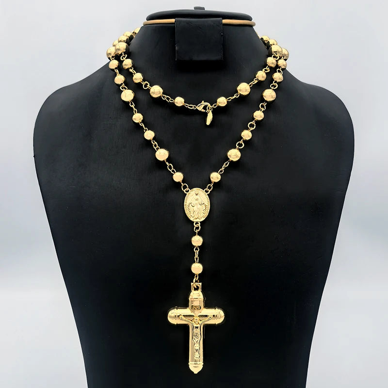 Rosary Cross Pendant Necklace Long Link Chain 90cm — Gold-Tone