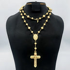 Rosary Cross Pendant Necklace Long Link Chain 90cm — Gold-Tone