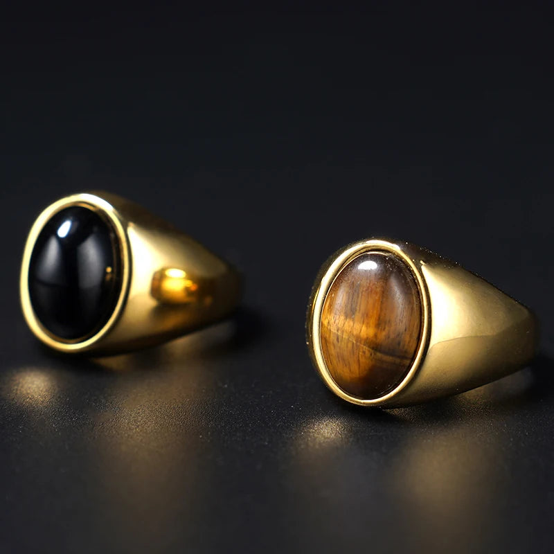 Stone Inlay Ring — Black Gold Silver, 316L Stainless Steel