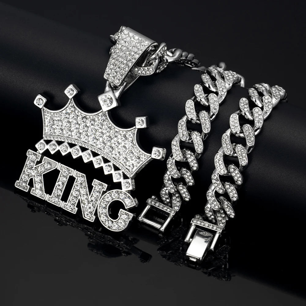 Men Hip Hop Crown with King Pendant Necklace with 13mm Crystal Cuban Chain HipHop Iced Out Bling Necklaces Fashion