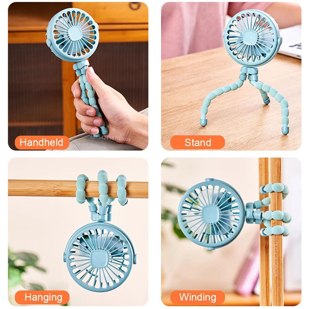 Portable Stroller Fan Mini Baby Clip Fan Smart Octopus Handheld Fan 360° Rotate Bike Car Tripod Fan Rechargeable Clip