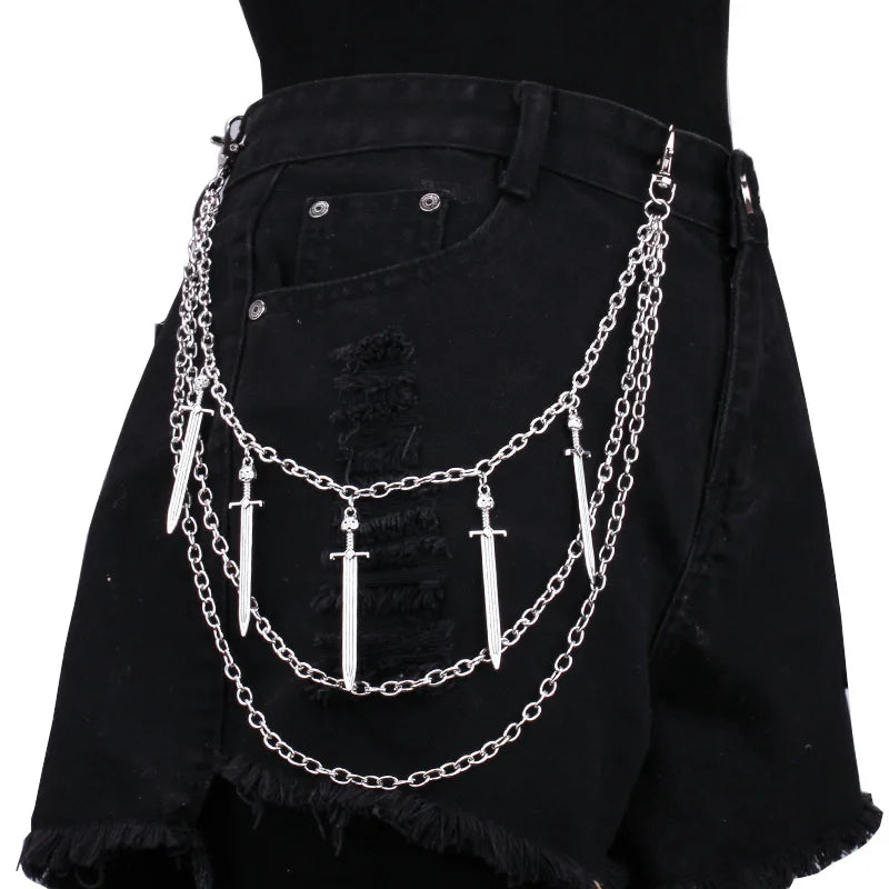Punk Spike Rivet Layered Metal Chain Keychains For Men Women Pants Jeans Biker Gothic Rock Belt Chains Jewelry Accessories Gift